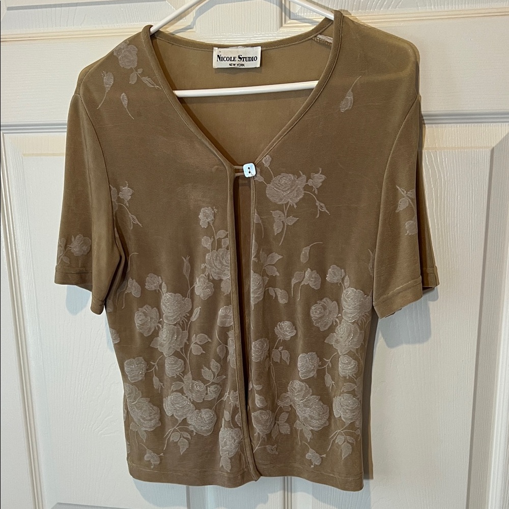 Vintage‎ 90s/Y2K Nicole Studio Tan Floral Women's Cardi Top, Sz Medium